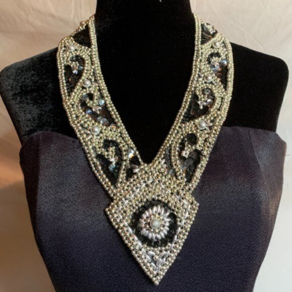 Navy Blue Beaded Halter Evening Dress - Picture 8 of 12